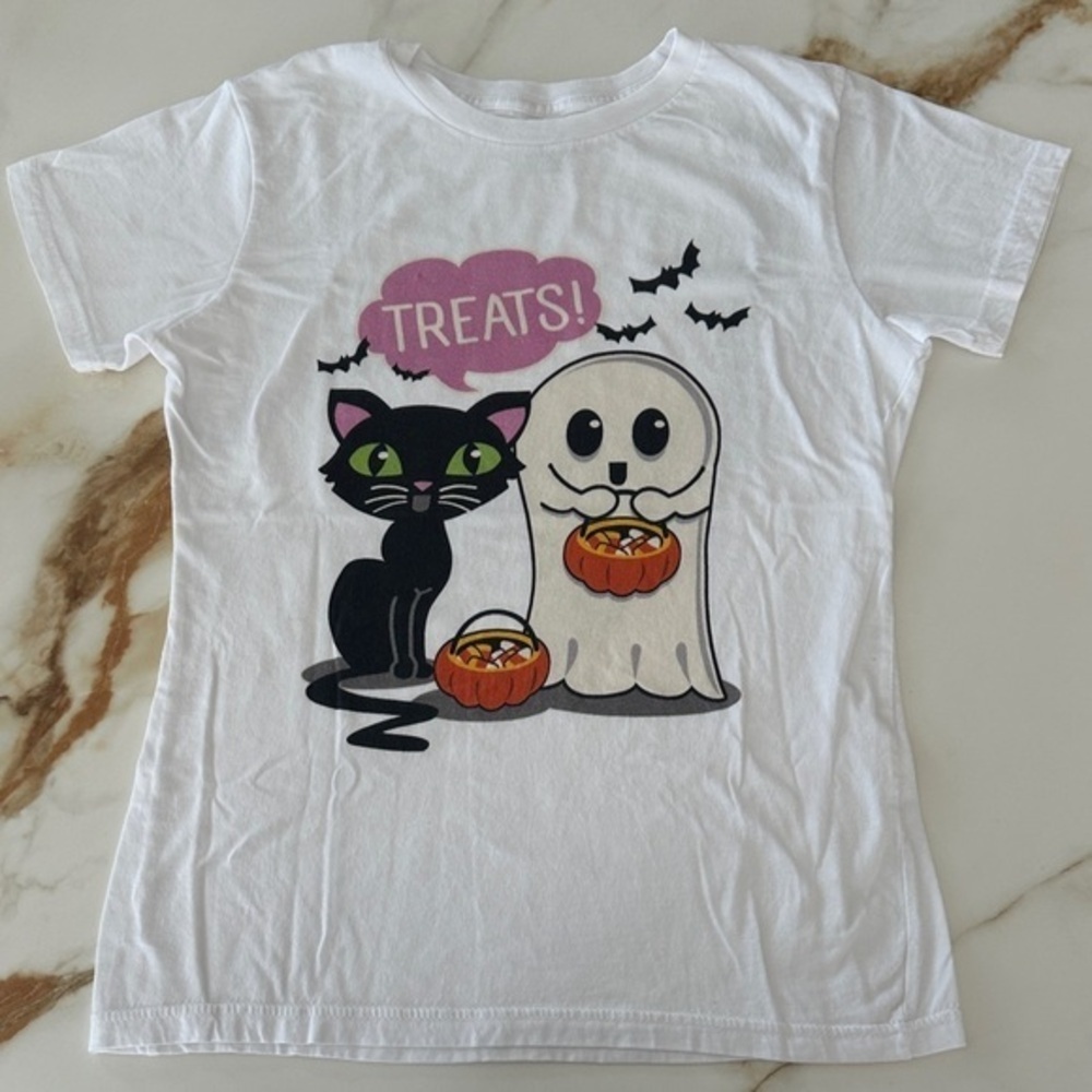 White Halloween Cat and Ghost T-Shirt